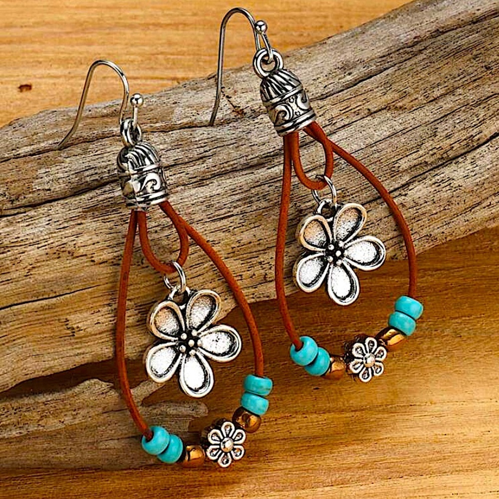 Silver Vintage Handmade Turquoise Daisy Dangle Earrings - Picture 2 of 6